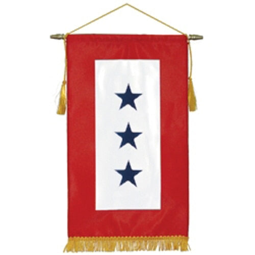Vertical decorative banner with three blue stars on a white background framed by red, featuring gold tassels and hanging rod, Blue Star Service Banners
