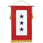 Vertical decorative banner with three blue stars on a white background framed by red, featuring gold tassels and hanging rod, Blue Star Service Banners