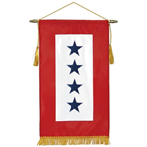 Blue Star Service Banners displaying four blue stars on a white vertical stripe with a red background and gold fringe accents.