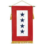 Blue Star Service Banners displaying four blue stars on a white vertical stripe with a red background and gold fringe accents.