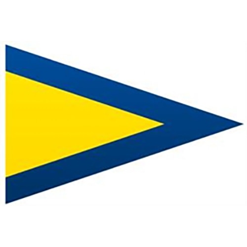 Triangular nautical signal flag with a yellow center and a wide dark blue border, part of the Nautical Signal Flags collection.