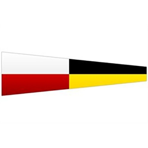 Nautical Signal Flags showing a triangular flag with white, red, black, and yellow horizontal sections used for maritime communication.