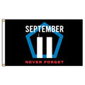 September 11 Memorial Flag with stylized twin towers inside a blue pentagon shape on black background and the phrase Never Forget in red text beneath