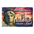 9/11 25th Anniversary Flag featuring a close-up of the Statue of Liberty with a sunset city skyline and text remembering 25 years since 9/11.