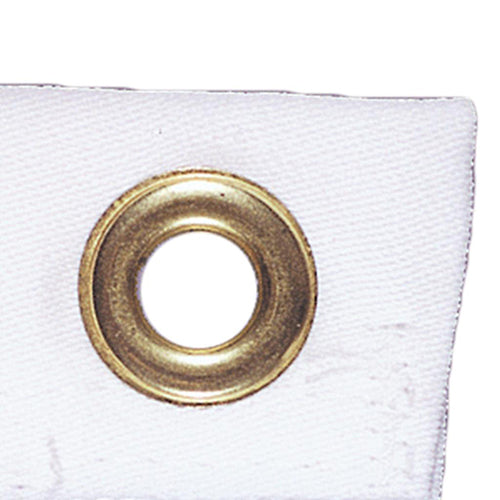 Close-up of a brass grommet on the corner of a white fabric September 11 Memorial Flag, showing durable stitching.