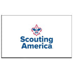 White flag featuring a red, white, and blue fleur-de-lis emblem above the bold blue text Scouting America Logo Flag.