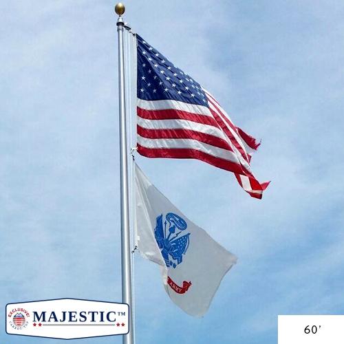 American flag and white flag flying