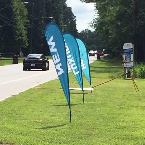 blue flags on grassy roadside