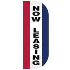 NOW LEASING sign in red white blue
