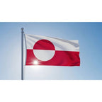 Outdoor Greenland Flag waving in the wind against a clear blue sky with sunlight shining through the fabric.