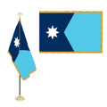 Minnesota Flag Sets featuring a blue and light blue flag with a white star and gold fringe, displayed on a stand and flat.