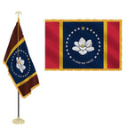 Mississippi Flag Sets featuring a blue field with a white magnolia flower, gold stars, and red vertical stripes with gold fringe edges.
